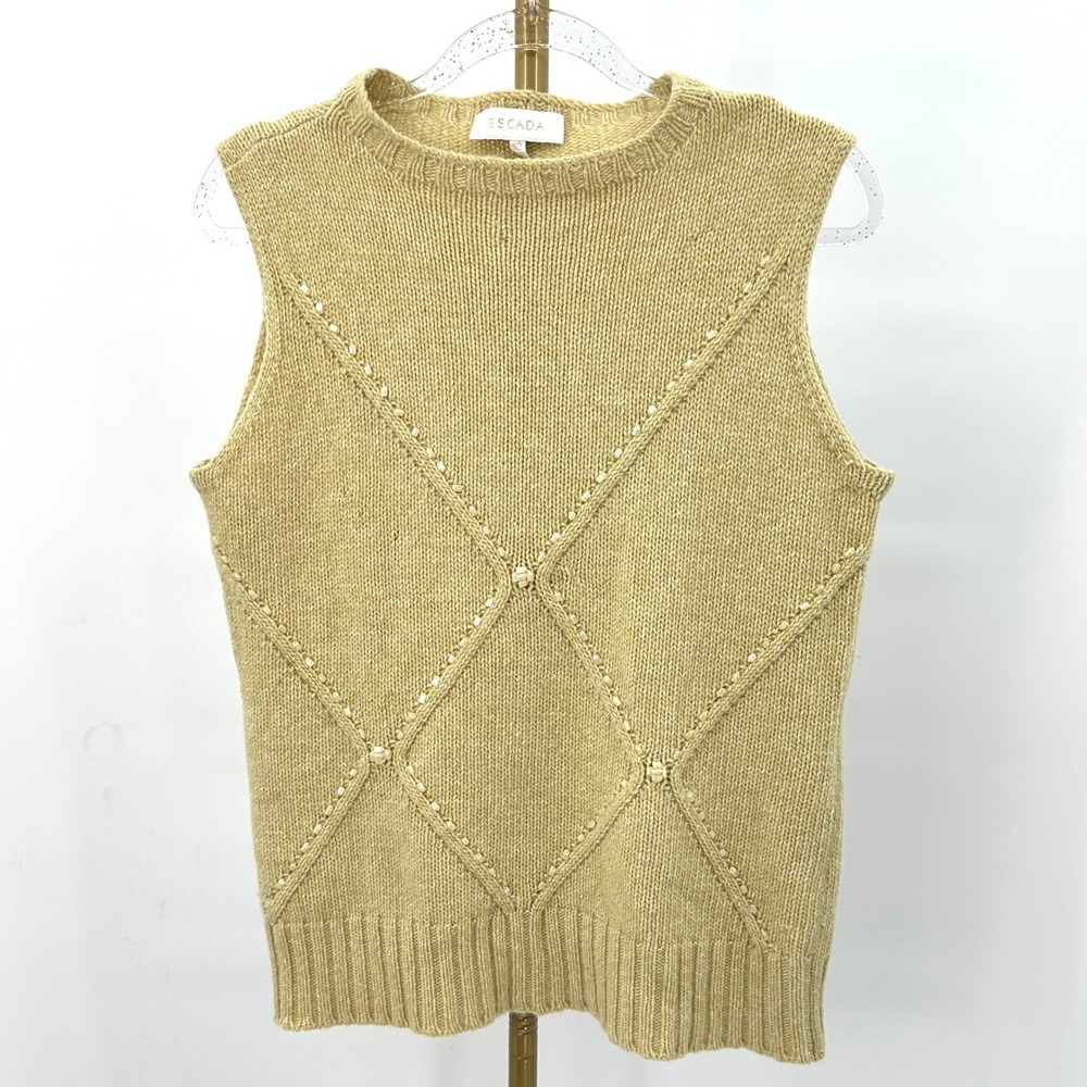 Escada Knit Beaded Sweater Vest Size 42 Cashmere Golden Yellow Preppy Academia